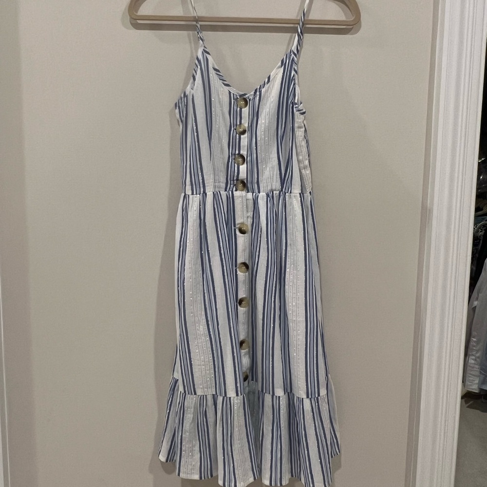 Japna striped summer dress.XS. Adjustable straps, stretch back-blue,white,silver